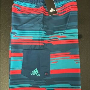 NWT Adidas Blue, Teal & Red Striped Boys Swim Shorts
